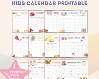 2026 Kids Calendar Printable – Bakery & Sweets Design – Fully Editable in Canva