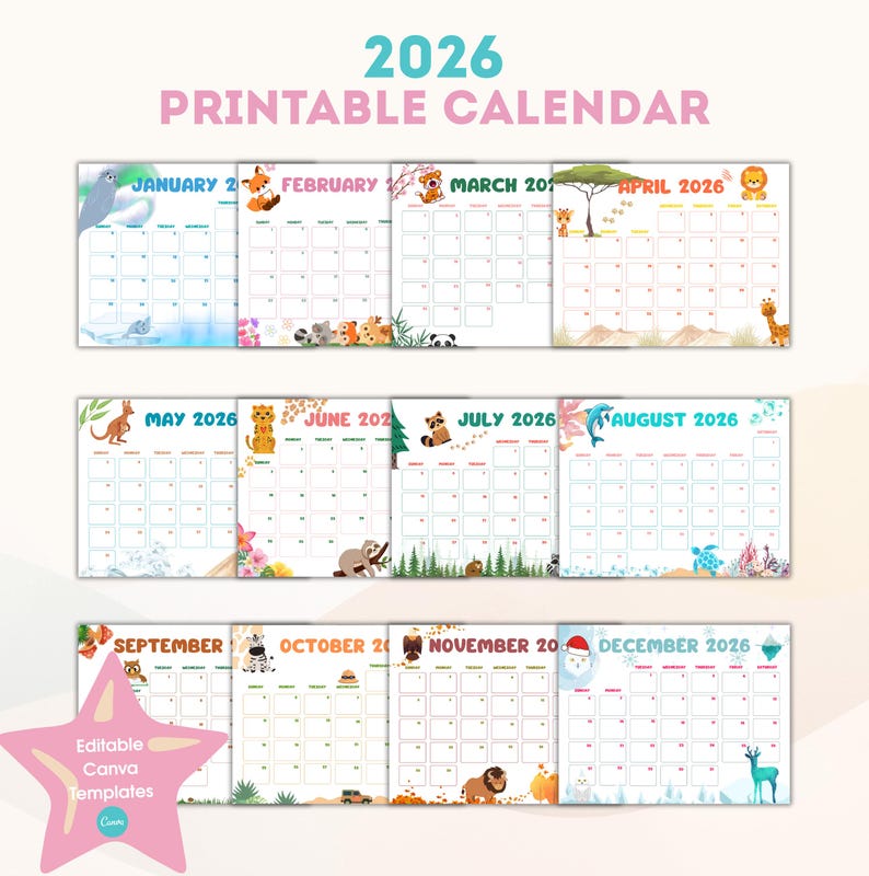 2026 Kalender zum Ausdrucken, Jährliche Organisation für Kinder, 12