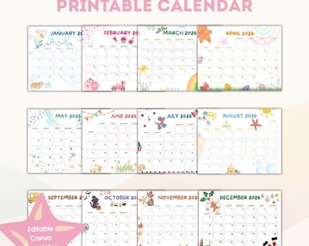 2026 Calendar Printable,Cute Kids Calendar 2026,Wall Calendar PDF,Editable Calendar,Kids Monthly Planner,Homeschool Calendars