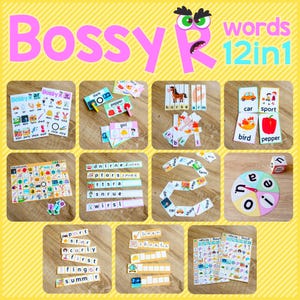 May include: A yellow background with the words "Bossy R words 12in1" in pink and teal. The image features various educational tools, including word cards, a spinner, and a dice, designed to teach "Bossy R" sounds.