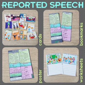 Op de afbeelding: Educatief materiaal voor het leren van Engelse grammatica, waaronder kaarten, bladwijzers, een poster en werkbladen. De kaarten bevatten illustraties en tekst over indirecte rede. De poster en bladwijzers bieden grammaticaregels.