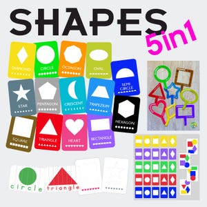 May include: Educational shapes set featuring flashcards with various geometric shapes like diamond, circle, and star. Includes colorful shape stencils and shape matching activities. The word "SHAPES" is at the top of the image.