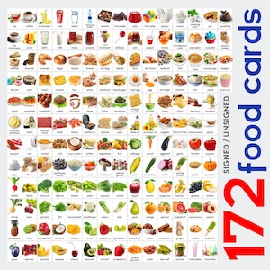 May include: A colorful collage of 172 food items, including drinks, sweets, fruits, vegetables, and prepared dishes. The image is labeled "172 food cards" and includes text such as "signed/unsigned".