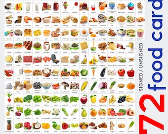 172 Food Vocabulary Flashcards. Signed and Unsigned. Printable PDF.
