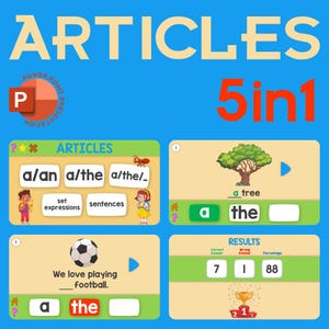 May include: Educational PowerPoint presentation on articles, featuring interactive exercises. The image includes the text "ARTICLES 5in1" in large letters, with examples like "a tree" and "We love playing football."