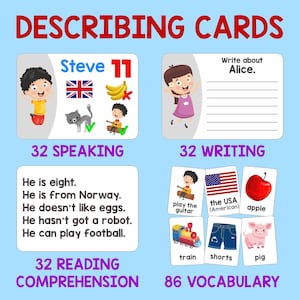 May include: Educational flashcards with the title "DESCRIBING CARDS" in red. The cards cover speaking, writing, reading comprehension, and vocabulary. Each card features illustrations of children, objects, and text, including the words "Steve 11" and "Write about Alice."