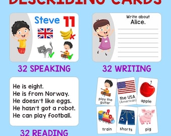 Describing Cards 4-in-1 (speaking, reading, writing, vocabulary). Printable PDF.