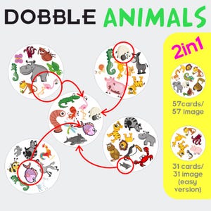 Gioco Dobble 2 in 1 con gli animali. PDF stampabile.