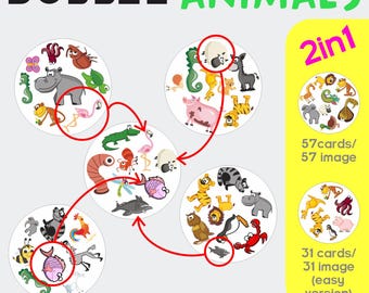 Animals Dobble Game 2-in-1. Printable PDF.