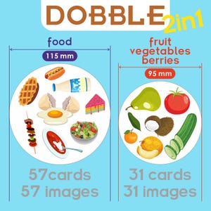 May include: A Dobble 2-in-1 card game featuring food and fruit/vegetable/berry themes. The food section is 4.5 inches wide and includes images of a waffle, hot dog, egg, and salad. The fruit/vegetable/berry section is 3.7 inches wide and shows a pear, tomato, and cucumber.