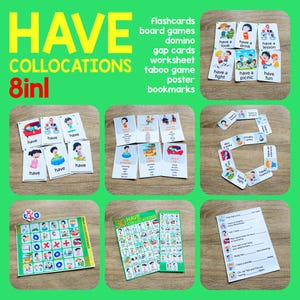 May include: A collection of educational flashcards and games with the word "HAVE" in large yellow letters. The image includes various cards with illustrations and text, such as "have a look," "have a drink," and "have a lesson." The set also includes a worksheet and bookmarks.