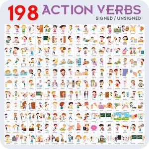 May include: A colorful educational poster with the text "198 ACTION VERBS SIGNED/UNSIGNED." The poster features illustrations of various actions, such as "laugh," "cry," and "run," with corresponding visual representations. Ideal for educational purposes.