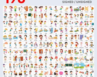 198 Action Verb Vocabulary Flashcards. Printable PDF. Signed and Unsigned.