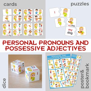 Puede incluir: Material educativo para aprender pronombres personales y adjetivos posesivos. Incluye tarjetas, rompecabezas, dados y un póster. Las tarjetas y los rompecabezas presentan ilustraciones de niños y mascotas.
