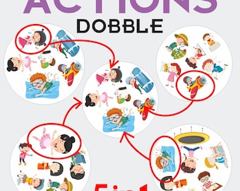 Dobble Actions Card Game 5-in-1. Printable PDF.