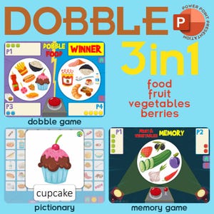 Può includere: Un tabellone di gioco educativo blu con la parola "DOBBLE" in lettere marroni. Il gioco include "dobble game", "pictionary" e "memory game" con cibo, frutta, verdura e bacche. Un cupcake è presente nella sezione pictionary.