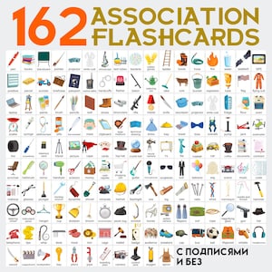 May include: A colorful educational flashcard set with 162 illustrated association cards. The cards feature various objects and concepts, including a pen, books, a blackboard, and a projector. The text "ASSOCIATION FLASHCARDS" is at the top.