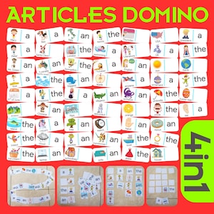 以下が含まれることがあります： 「ARTICLES DOMINO」というカラフルな教育ゲームで、さまざまな単語と画像の組み合わせがあります。ゲームには、「a」、「an」、「the」などの単語が書かれたカードと、オブジェクトや人々のイラストが含まれています。セットは「4 in 1」と表示されています。