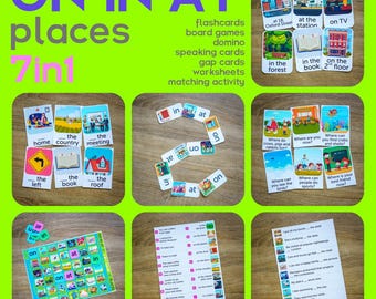 Prepositions of Place Bundle 7-in-1 (On In At). Printable PDF.