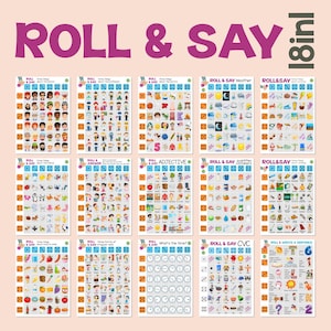 Puede incluir: Un conjunto de carteles educativos con el texto "ROLL & SAY" en letras grandes de color púrpura. Cada cartel presenta ilustraciones coloridas y dados, diseñados para el aprendizaje interactivo. Los carteles cubren varios temas.