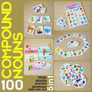 Può includere: Un set di giochi educativi per bambini, tra cui bingo, domino e puzzle. L'immagine presenta carte colorate con illustrazioni e testo, come "Compound Words bingo" e "100 Compound Nouns". I giochi sono progettati per l'apprendimento e il divertimento.