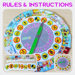 Peut inclure: Un jeu de société coloré avec le texte "RULES & INSTRUCTIONS" et une flèche verte. Le jeu présente divers symboles illustrés et des cartes avec des mots comme "ZOO", "BANK" et "SCHOOL". Une version plus petite du jeu est également visible.