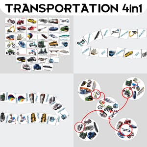 Può includere: Un colorato gioco educativo con illustrazioni di vari mezzi di trasporto, tra cui auto, aerei e barche. L'immagine include il testo "TRANSPORTATION 4in1" e carte da gioco.