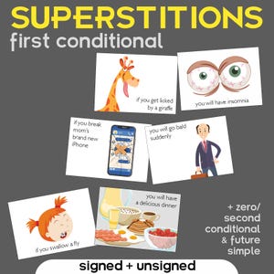 Op de afbeelding: Een afbeelding met de tekst "SUPERSTITIONS first conditional" en illustraties van verschillende bijgeloven, waaronder een giraffe, een kapotte iPhone en een persoon met slapeloosheid. De afbeelding bevat ook de tekst "signed + unsigned".