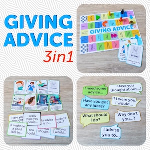 Peut inclure: Un jeu de société coloré intitulé "GIVING ADVICE" avec des cartes et des pions. Le jeu comprend des cartes avec des scénarios et des invites de conseils. Le texte "3in1" est également visible. Le jeu est conçu pour aider les joueurs à donner et à recevoir des conseils.