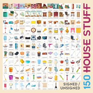 Puede incluir: Una infografía colorida con 150 elementos relacionados con el hogar, cada uno ilustrado con una etiqueta de palabra correspondiente. Los elementos van desde muebles y electrodomésticos hasta utensilios de cocina y accesorios de baño. El texto "150 HOUSE STUFF" se muestra de forma destacada.