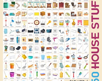 150 House Stuff Vocabulary Flashcards (signed and unsigned). Printable PDF.