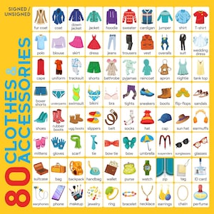 May include: A vibrant infographic showcasing 80 clothing and accessory items. The image includes illustrations of various garments like coats, dresses, and shoes, along with accessories such as jewelry, bags, and watches. The text reads "Clothes & Accessories".