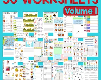 30 hojas de ejercicios (gramática inglesa + vocabulario). Volumen 1. PDF imprimible.