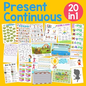 Könnte beinhalten: Eine Sammlung von Arbeitsblättern und Spielen zum Erlernen der Verlaufsform, mit dem Titel "Present Continuous" in blauen Buchstaben. Enthält verschiedene Aktivitäten, Illustrationen und den Text "20 in 1".