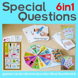 May include: A collection of educational games and materials, including cards, a poster, a domino, a dice, and a bookmark. The text "Special Questions" and "6 in 1" are displayed in the image. The image includes questions like "How long?" and "How many?"