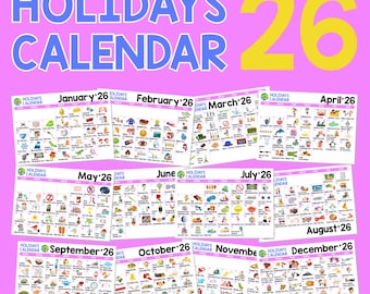 Holidays Calendar 2026. Printable PDF.
