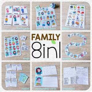 May include: A selection of family-themed educational games, including flashcards, a family tree game, bingo, dominoes, riddles, relationship cards, and a crossword puzzle. The games feature colorful illustrations and the text "FAMILY 8in1".