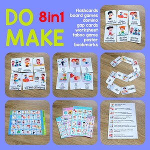 May include: A collection of educational materials, including flashcards, board games, and worksheets. The image features colorful illustrations and text, with the words "DO" and "MAKE" prominently displayed. The materials are designed for learning and include various activities.