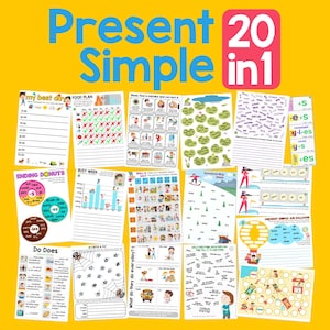 Könnte beinhalten: Ein gelbes Bild mit dem Text "Present Simple 20 in 1". Das Bild enthält verschiedene Arbeitsblätter zum Englischlernen, darunter Themen wie Tagesabläufe, Essenspläne und Verbkonjugation.