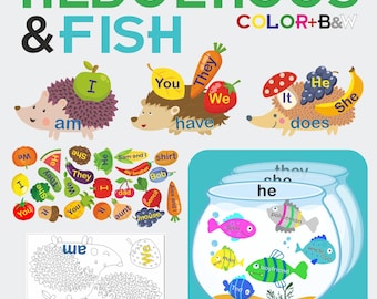 Hedgehogs And Fish Pronouns + Verbs Matching Game. Printable PDF.