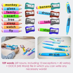May include: Educational image featuring colorful pencils with words like "monkey" and "glass," alongside pluralization examples. Includes images of hands interacting with word cards and pens with words like "tooth" and "mice."
