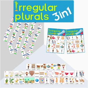 Puede incluir: Juego educativo para aprender plurales irregulares, que incluye dominó, tarjetas de bingo y tarjetas didácticas. El juego presenta ilustraciones coloridas de sustantivos y sus formas plurales, como "a man" y "men."
