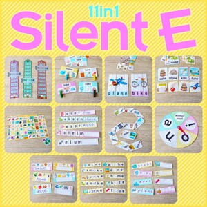May include: An educational game with the text "11 in 1 Silent E". The image shows various learning tools, including word cards, puzzles, and a spinner, designed to teach the silent 'e' rule in English. The background is yellow.
