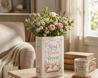 Read Bloom Repeat Ceramic Book Vase, Floral Book Vase, Cottagecore Reading Nook Decor, Botanical Shelf Vase, Book Lover Gift