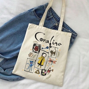 Coraline Inspired Tote Bag, Cute Spooky Canvas Bag, Gothic Aesthetic Book Lover Tote, Fall Halloween Gift image 1