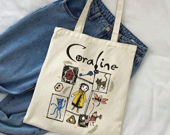 Coraline Inspired Tote Bag, Cute Spooky Canvas Bag, Gothic Aesthetic Book Lover Tote, Fall Halloween Gift