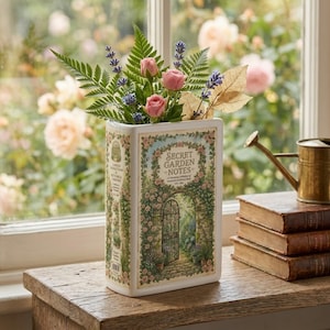 May include: A rectangular ceramic vase shaped like a book with a floral garden illustration and the text Secret Garden Notes. The vase is filled with pink roses, purple lavender, and green fern leaves, standing upright on a wooden surface.