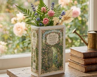 Secret Garden Ceramic Book Vase, Vintage Rose Floral Vase, Cottagecore Book Decor, Botanical Shelf Vase, Garden Lover Gift