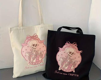 Skeleton Reading Tote Bag, Book Lover Canvas Tote, Cute Pink Goth Bag, Just One More Chapter Tote, Aesthetic Reader Gift, Reusable Book Bag