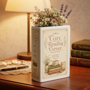 May include: A rectangular ceramic vase shaped like a book with the title Cozy Reading Corner printed on the front. The vase is filled with a bouquet of small white, pink, and purple flowers. The design features illustrations of books, a teacup, and a candle.